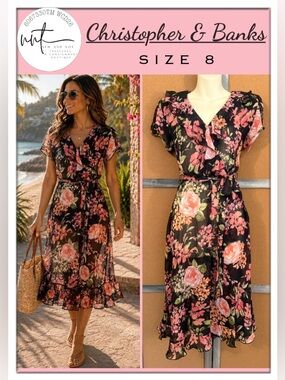 Christopher & Banks Sheer Floral Faux Wrap Midi Dress Size 8 Chiffon Belted